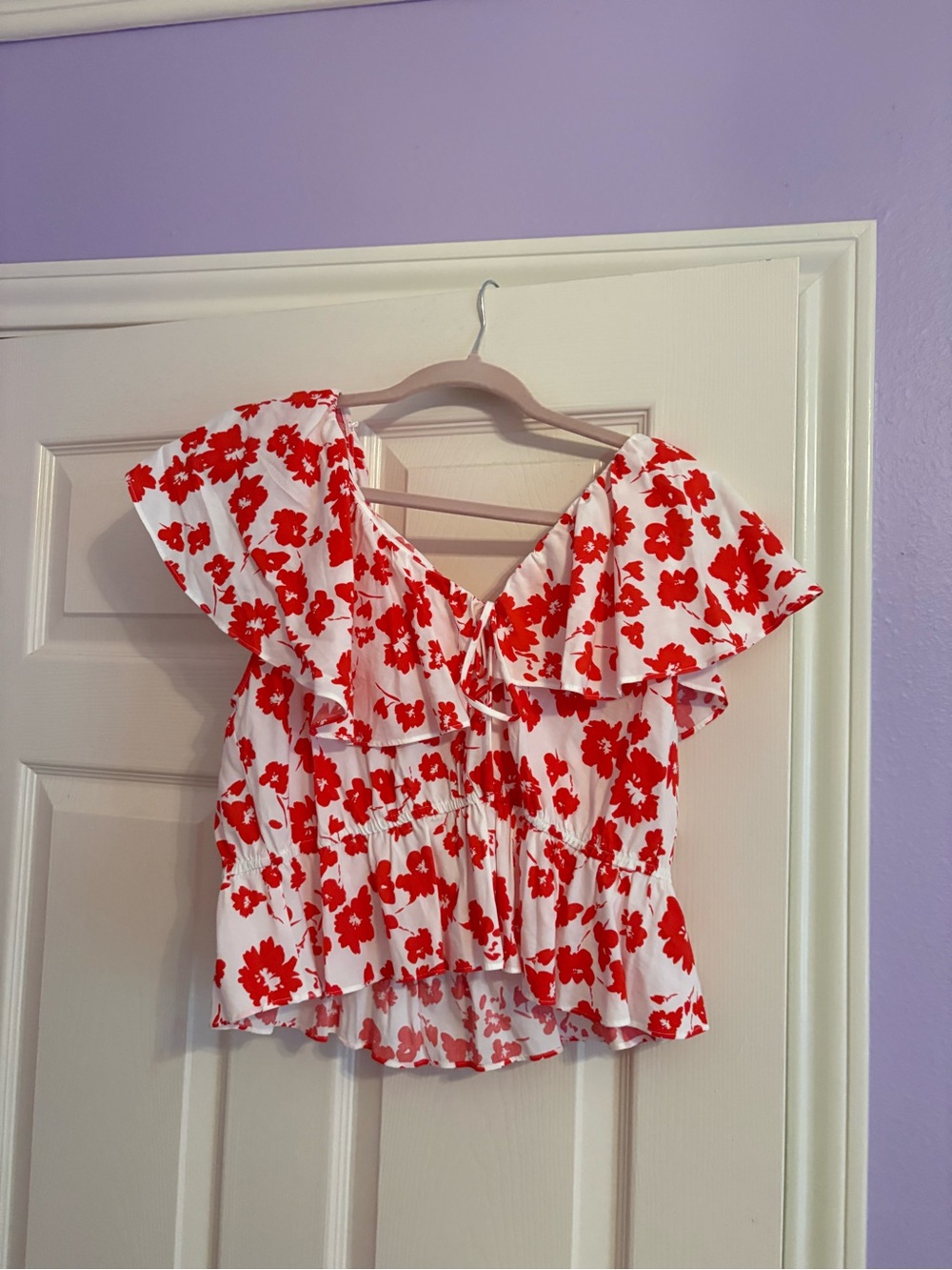 Zara White Blouse with Red Floral Ruffle Neckline